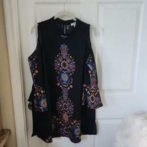 Meraki Black Cold Shoulder Dress with Multicolor Floral Accent